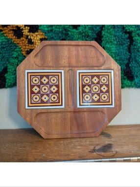Vintage MCM Japan Wooden Serving Tray Inlaid Tile Geometric Midcentury Modern